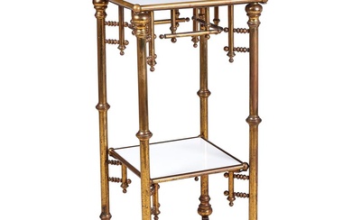 A MARBLE TOPPED BRASS TWO TIER TABLE POSSIBLY FRENCH, CIRCA 1900