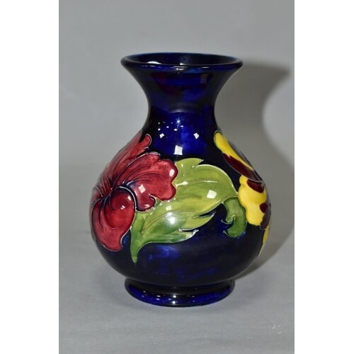 A MOORCROFT POTTERY SQUAT BALUSTER VASE, yellow and red hibi...