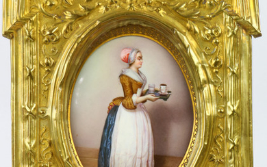 A Meissen hand painted porcelain plaque of La Belle Chocolatiere