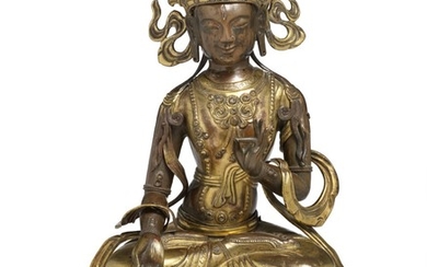 A Mongolian gilt copper repoussé figure of White Tara. 18th century. Weight 1930 g. H. 33 cm.