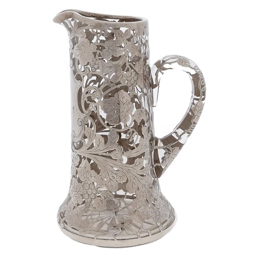 A North American silver overlay glass jug, early 20th c, dec...