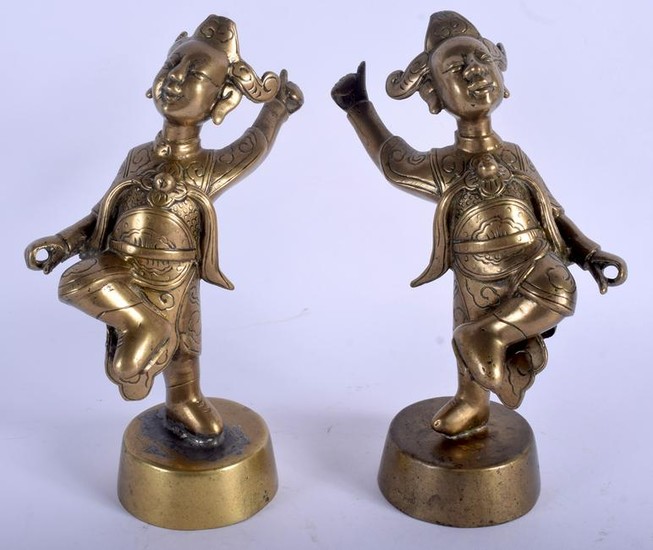 A PAIR OF CHINESE BRONZE DANCERS. 16.5 cm high. (2)