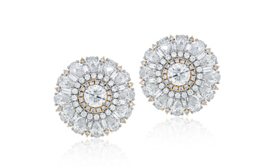 A PAIR OF DIAMOND AND COLORED DIAMOND EARRINGS