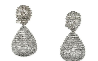 A PAIR OF DIAMOND DROP EARRINGS in 18ct white gold, comprising a domed pear shaped cluster of