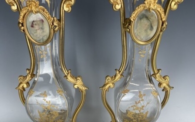 A PAIR OF DORE BRONZE AND BACCARAT GLASS VASES