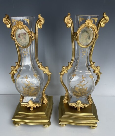 A PAIR OF DORE BRONZE AND BACCARAT GLASS VASES