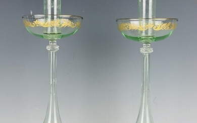 A PAIR OF ENAMELED VENETIAN GLASS CANDEL HOLDERS