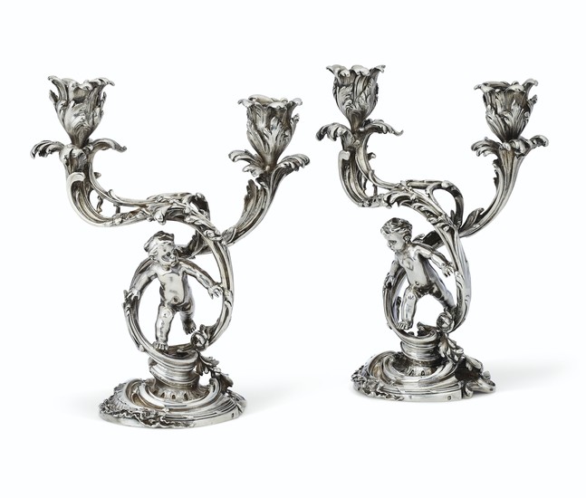 A PAIR OF FRENCH SILVER TWO-LIGHT CANDELABRA, MARK OF ALPHONSE DEBAIN, PARIS, LATE 19TH CENTURY