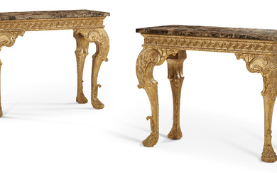 A PAIR OF GEORGE II STYLE GILTWOOD SIDE TABLES WITH...