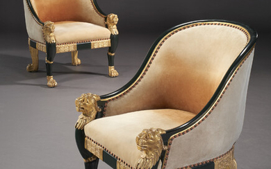 A PAIR OF REGENCY BRONZED AND PARCEL-GILT LIBRARY ARMCHAIRS AFTER A DESIGN BY GEORGE SMITH, CIRCA 1815