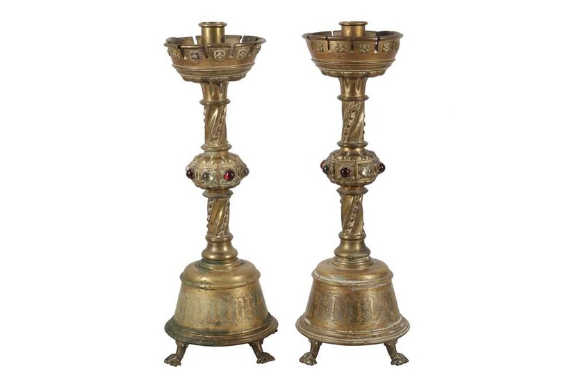 A PAIR OF VICTORIAN GOTHIC REVIVAL BRASS ECCLESIASTICAL CANDLESTICKS, 19TH CENTURY