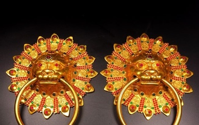 A Pair Chinese Gilt Gold Bronze Inlay Gem Lion Door Knockers