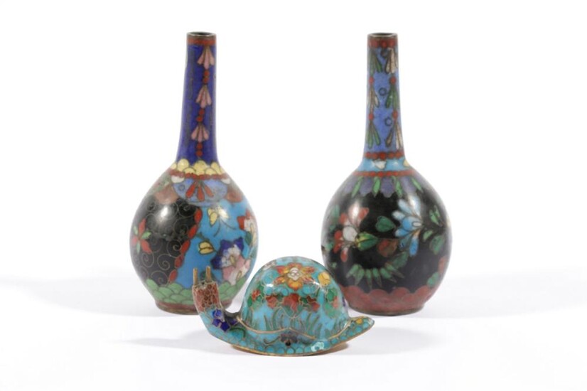 A Pair of Early Cloisonné Vases (H:10cm) Together with A Miniature Snail Example (L:7cm)