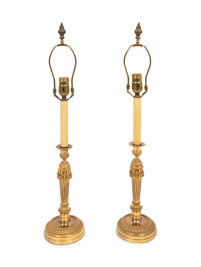 A Pair of Empire Style Gilt Bronze Candlesticks Mounted as Lamps