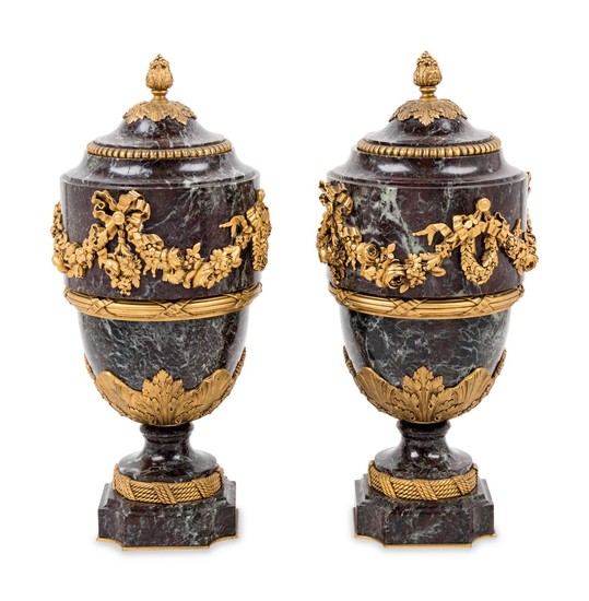 A Pair of Neoclassical Style Gilt Bronze Mounted Covered Marble Urns