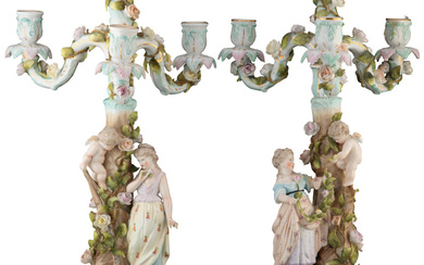 A Pair of Sitzendorf Partial Gilt Porcelain Three-Light Candelabra (19th century)