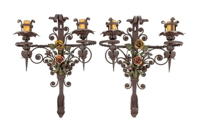 A Pair of Wrought Iron Two-Light Sconces