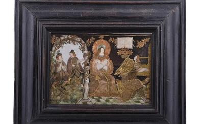 A RARE TEXTILE AND NEEDLEWORK COLLAGE PICTURE DEPICTING SAINT CECILIA, LATE 16TH/EARLY 17TH CENTURY