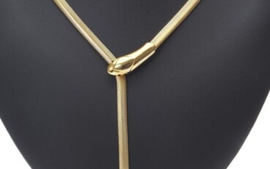 A RETRO SNAKE LARIAT NECKLACE IN GILT, LENGTH 74CMS (ADJUSTABLE)