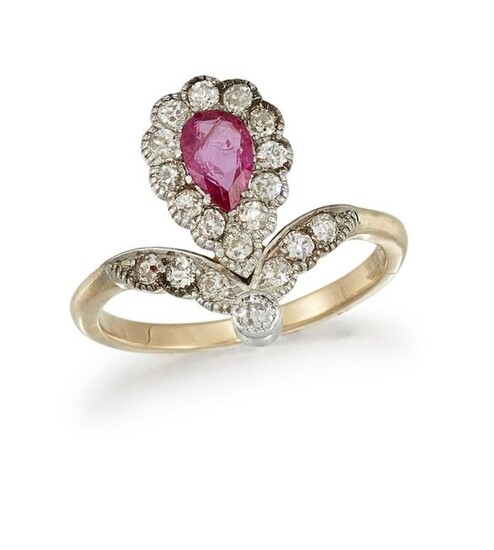 A RUBY AND DIAMOND DRESS RING The pear-shaped ruby