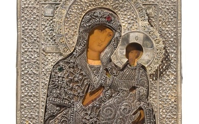 A Russian icon showing the Iverskaya Mother of God with silver filigree oklad, 19th century (icon)