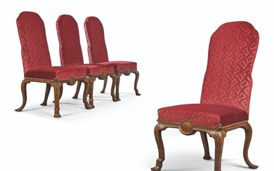 A SET OF FOUR GEORGE I WALNUT, BEECH AND SEAWEED MARQUETRY SIDE CHAIRS