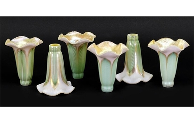 A Set of Six Quezal Art Glass Shades.