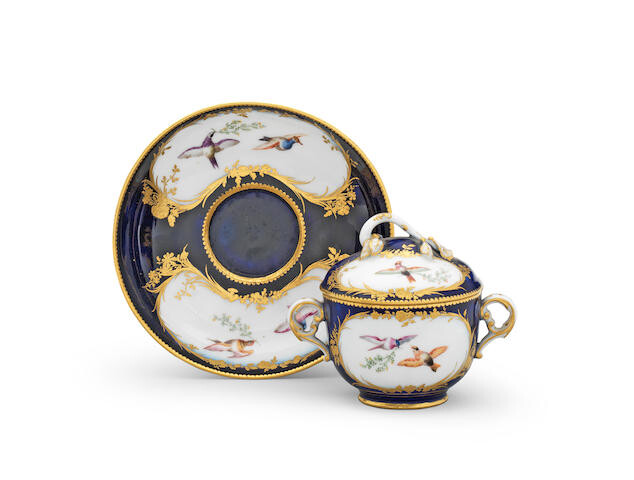 A Sèvres bleu lapis-ground two-handled toilet pot, cover and stand, circa 1756