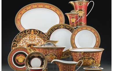 A Sixty-Nine Piece Versace for Rosenthal Porcelain Medusa Red Round Pattern Dinner Service and Twelve Porcelain Barocco Pattern Service Plates, (designed 1994)