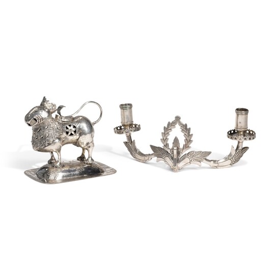 A South American Silver Lion-Form Incense Burner (Sahumador) and Two-Light Wall Sconce, 19th Century
