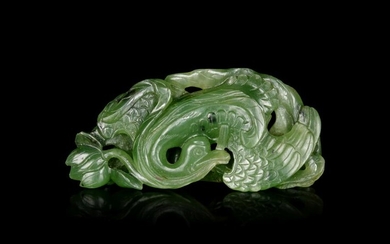 A Spinach Green Jade 'Goose and Lotus' Carving