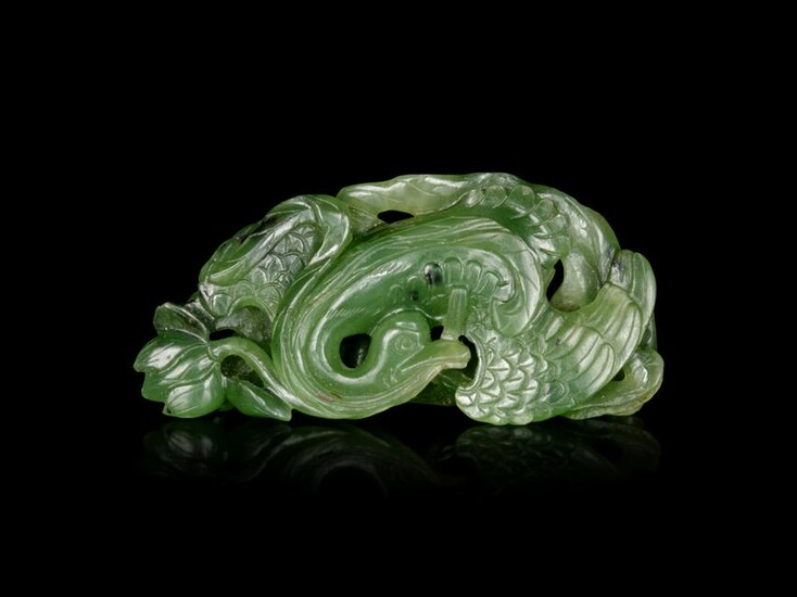 A Spinach Green Jade 'Goose and Lotus' Carving