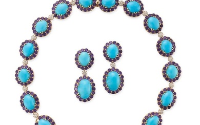 A TURQUOISE, AMETHYST AND DIAMOND NECKLACE AND EARRINGS SUITE the necklace set with a row of grad...