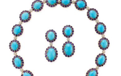 A TURQUOISE, AMETHYST AND DIAMOND NECKLACE AND EAR ...