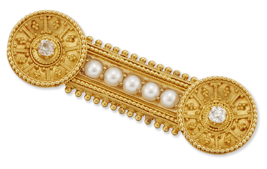 A Victorian gold half-pearl and diamond brooch, with a row...