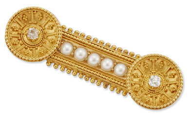 A Victorian gold half-pearl and diamond brooch, with a row...