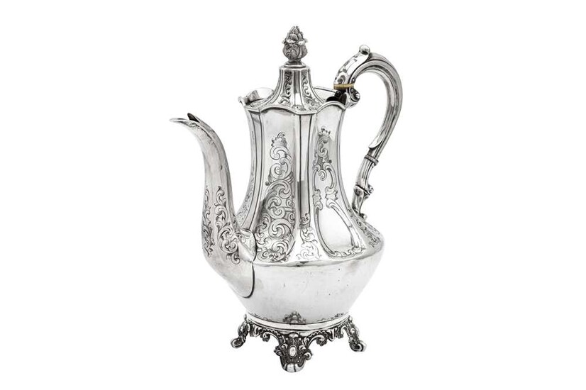 A Victorian sterling silver coffee pot, London 1846 by Richard and George Burrows