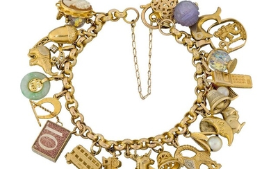 A charm bracelet, the early 19th century gold bracelet of belcher-link design suspending various 20th century charms including: a 9ct gold bus; a 9ct gold American steam locomotive; a 9ct gold, St. Christopher medallion; a 9ct gold acorn; a...
