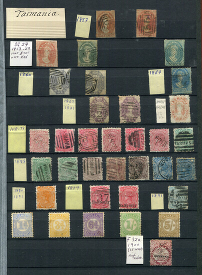 A collection of Australia, Australian States and New Zealand stamps in a stock book with Tasmania im