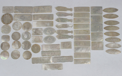 A collection of fifty-nine Chinese Canton mother-of-pearl gaming counters, mid-19th century, of vari