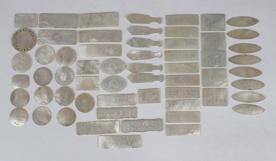 A collection of fifty-nine Chinese Canton mother-of-pearl gaming counters, mid-19th century, of vari