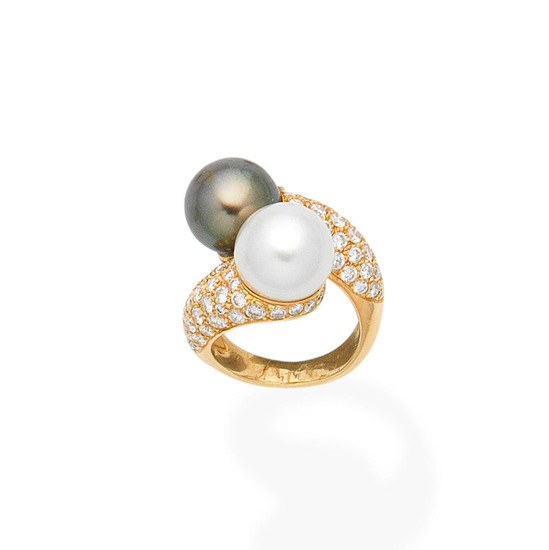 A cultured pearl and diamond crossover ring, by