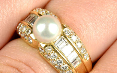 A cultured pearl, baguette and brilliant-cut diamond ring, by Cartier.
