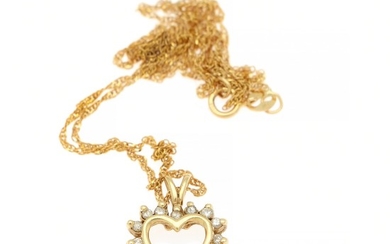 A diamond pendant in the shape of a heart set with numerous diamonds, totalling app. 0.16 ct., mounted in 14k gold. Accompanied by chain of 14k gold. L. 47 cm.