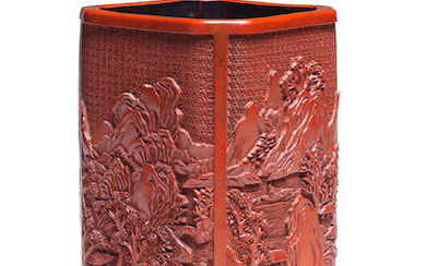 A fine cinnabar lacquer carved square brushpot, bitong