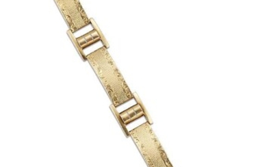 A flexible bracelet, of rectangular engine-turned curved panel links with stylised buckle design connecting links, length 19cm