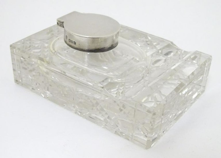 A glass Standish with inkwell and pen rest, the inkwell