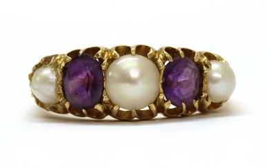 A gold split pearl and amethyst five stone ring