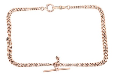 A graduated Albert chain in 9ct rose gold, the T-bar suspending two graduated curb link chains, term