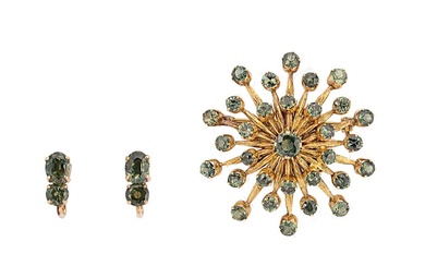 A green sapphire pendant/brooch, together with a pair of ear studs
